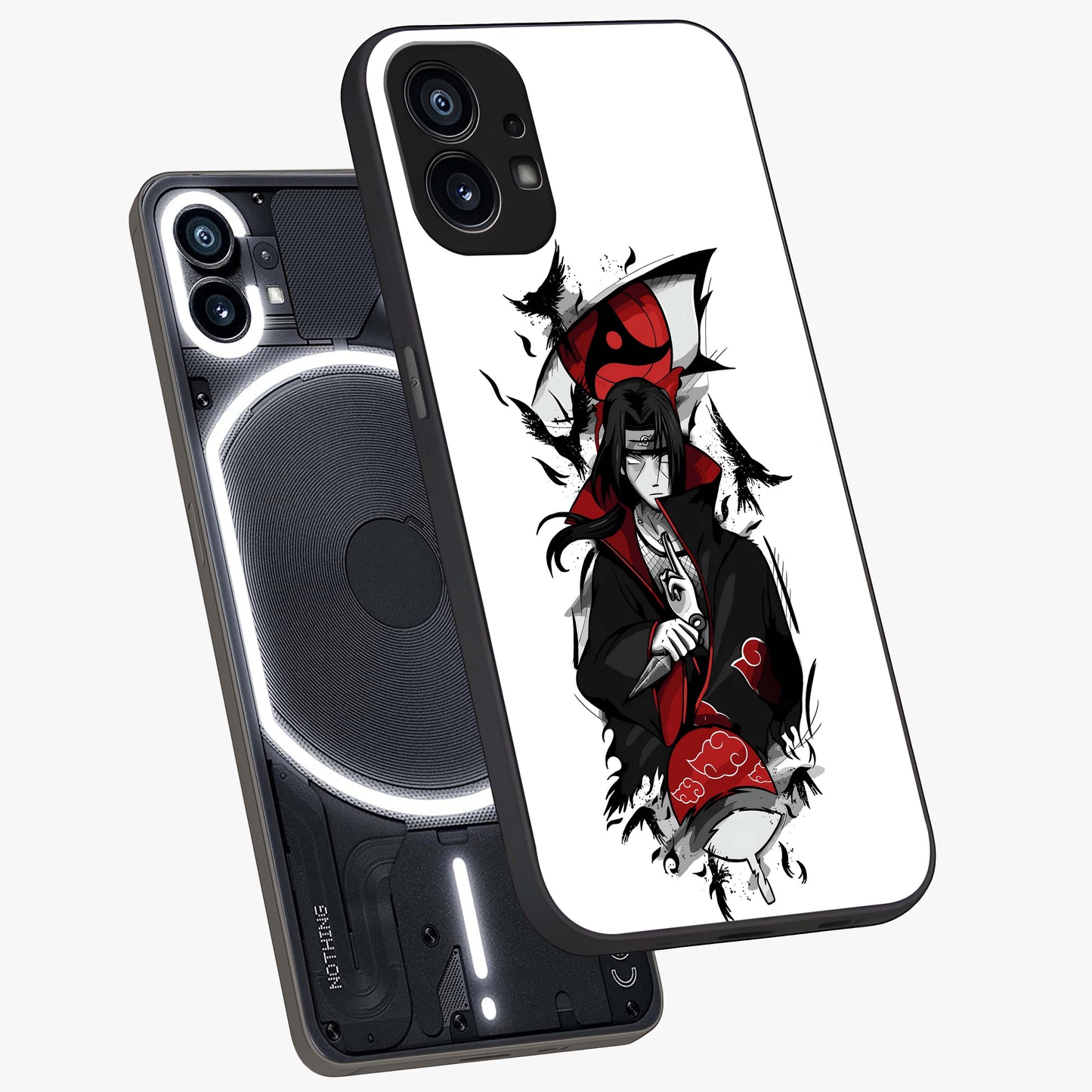 Itachi Limited Edition Naruto Anime Glass Case displayed in angled mockup highlighting dramatic anime illustration with bold action aesthetic.