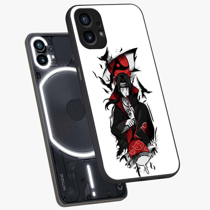Itachi Limited Edition Naruto Anime Glass Case displayed in angled mockup highlighting dramatic anime illustration with bold action aesthetic.