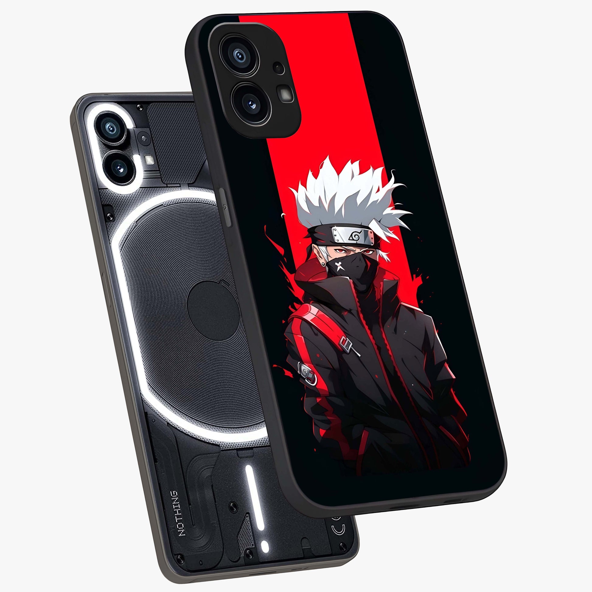 Kakashi Scarlet Shadow Glass Case displayed in angled mockup highlighting dramatic ninja illustration with scarlet themed aesthetic.