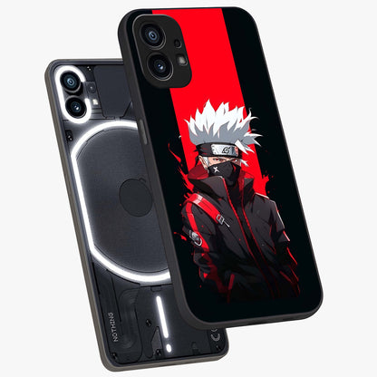 Kakashi Scarlet Shadow Glass Case displayed in angled mockup highlighting dramatic ninja illustration with scarlet themed aesthetic.