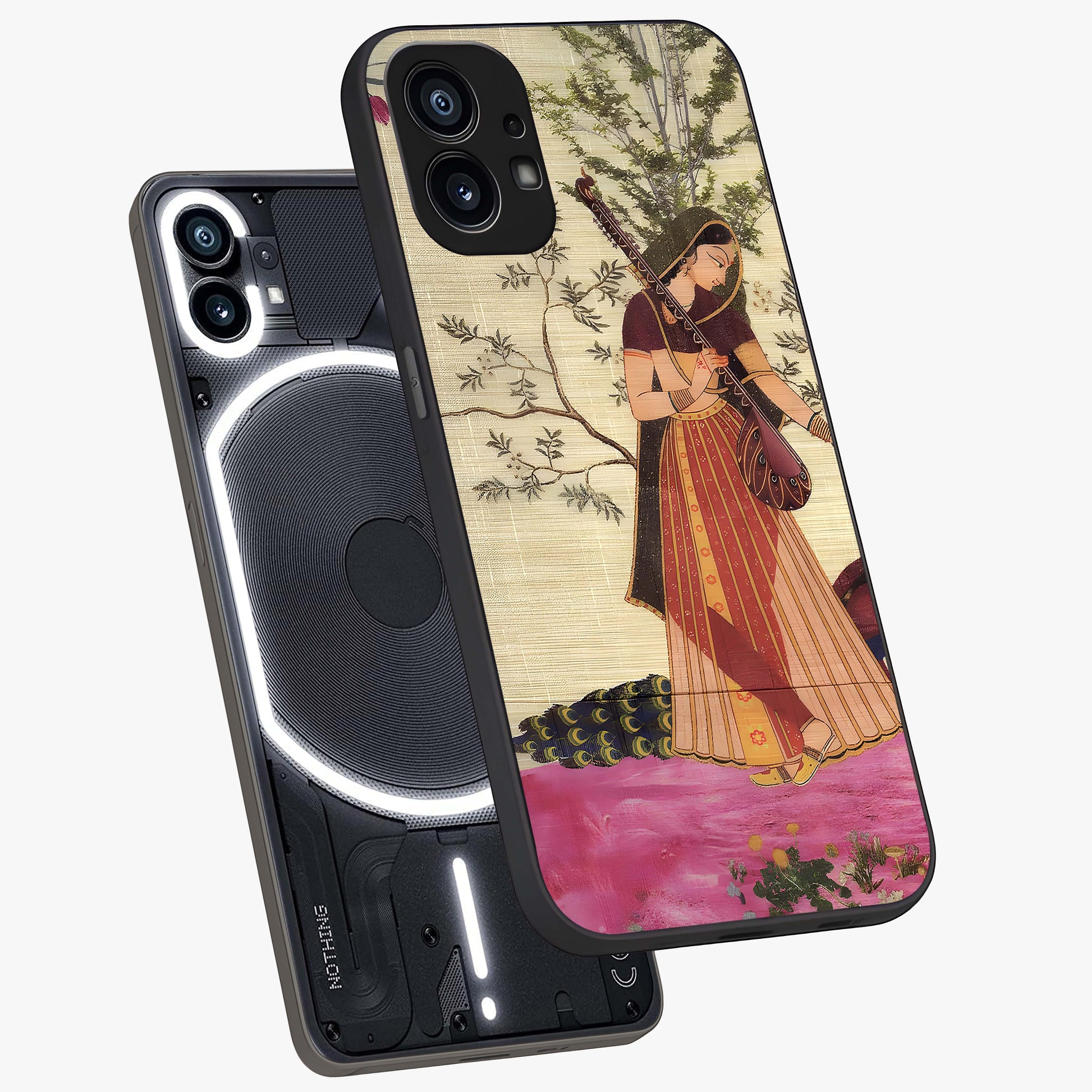 Lady With Veena Art Glass Case displayed in angled mockup highlighting graceful musical illustration with cultural artistic aesthetic.