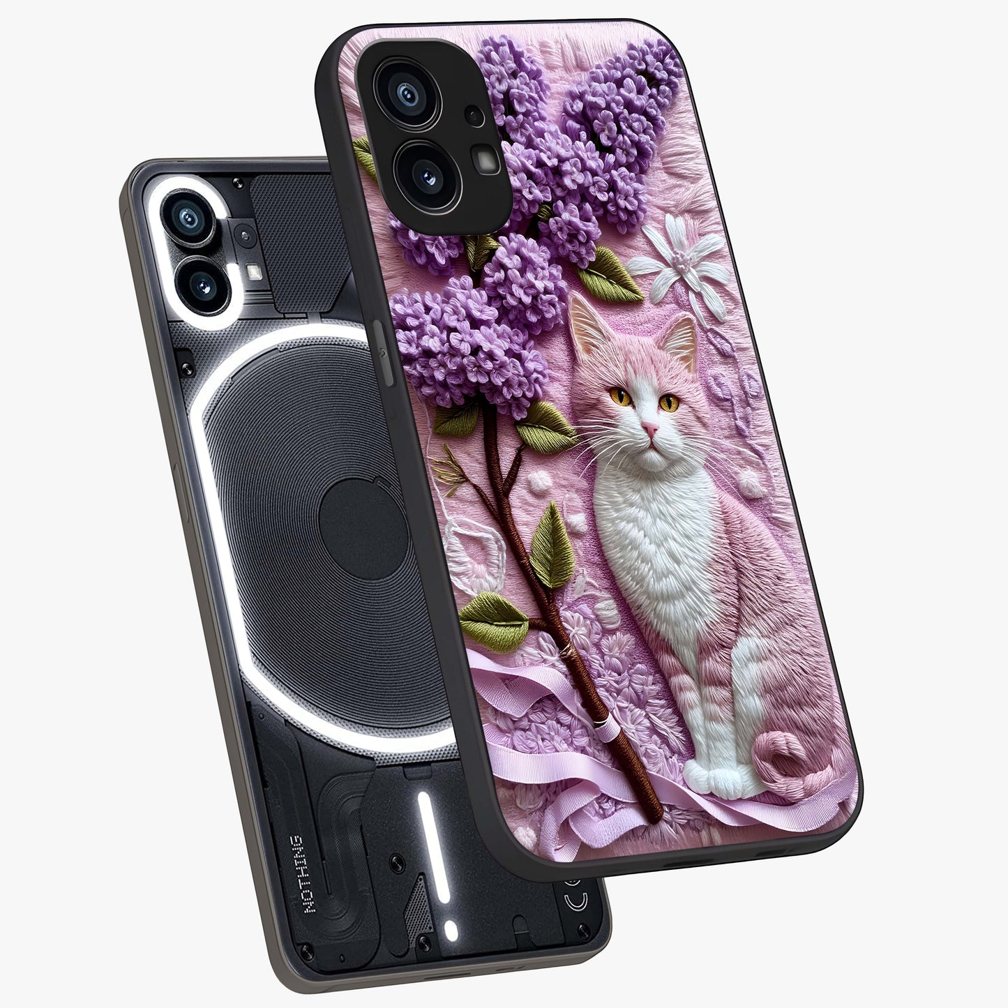 Lavender Cat Whimsy Glass Case displayed in angled mockup highlighting playful feline illustration with pastel lavender aesthetic.