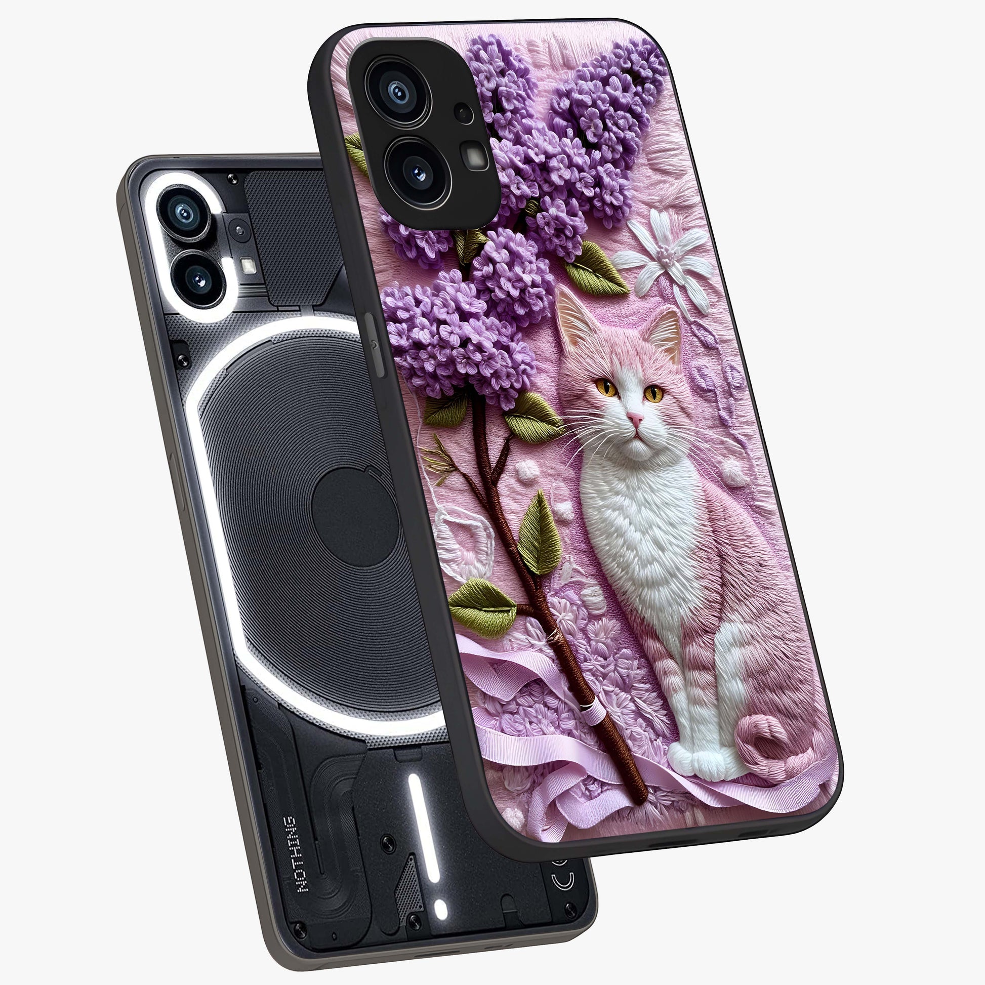 Lavender Cat Whimsy Glass Case displayed in angled mockup highlighting playful feline illustration with pastel lavender aesthetic.