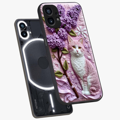 Lavender Cat Whimsy Glass Case displayed in angled mockup highlighting playful feline illustration with pastel lavender aesthetic.
