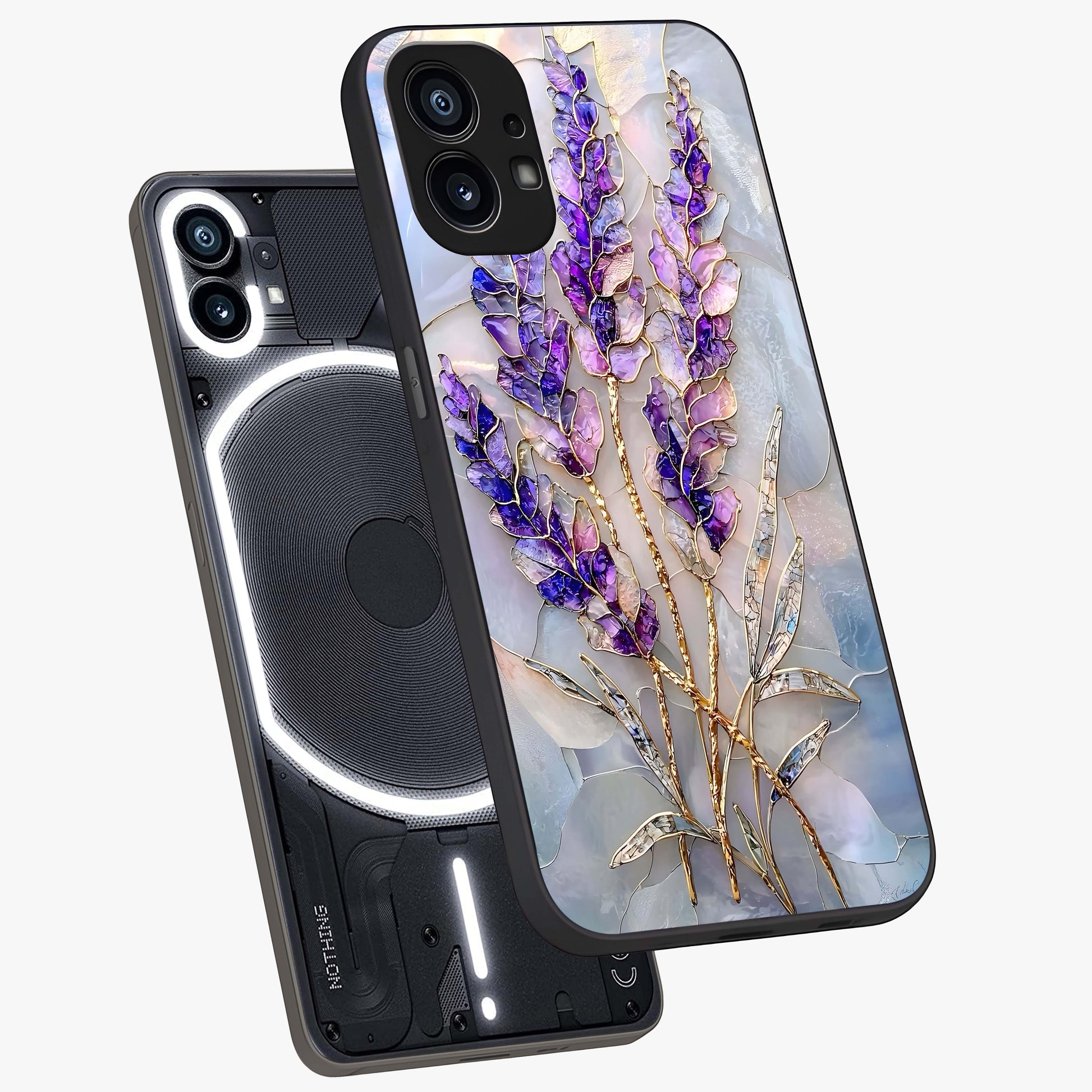 Lavender Dream Glow Glass Case displayed in angled mockup highlighting dreamy purple glow design with soft artistic style.