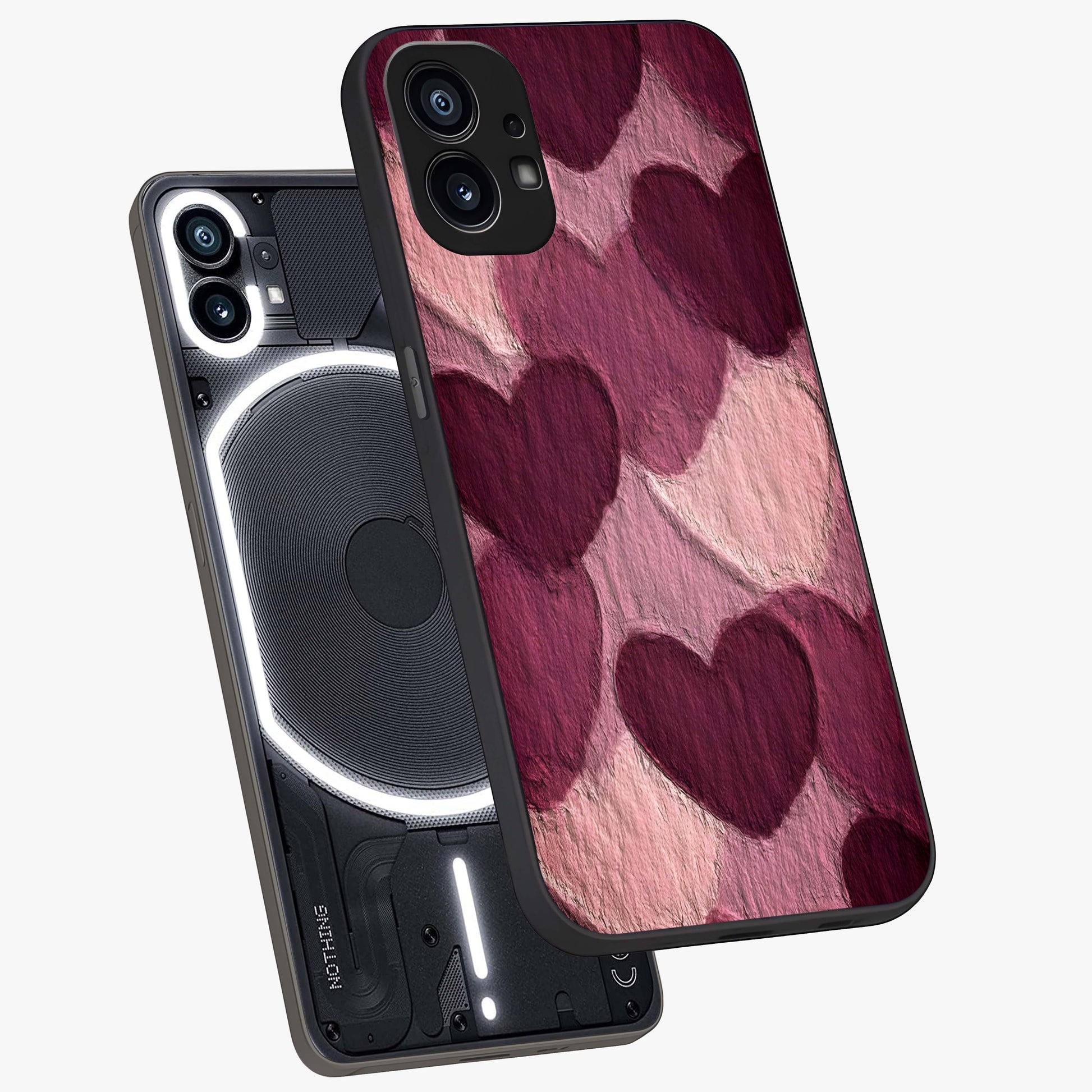 Layered Paper Hearts Glass Case displayed in angled mockup highlighting creative paper craft heart design with romantic aesthetic.