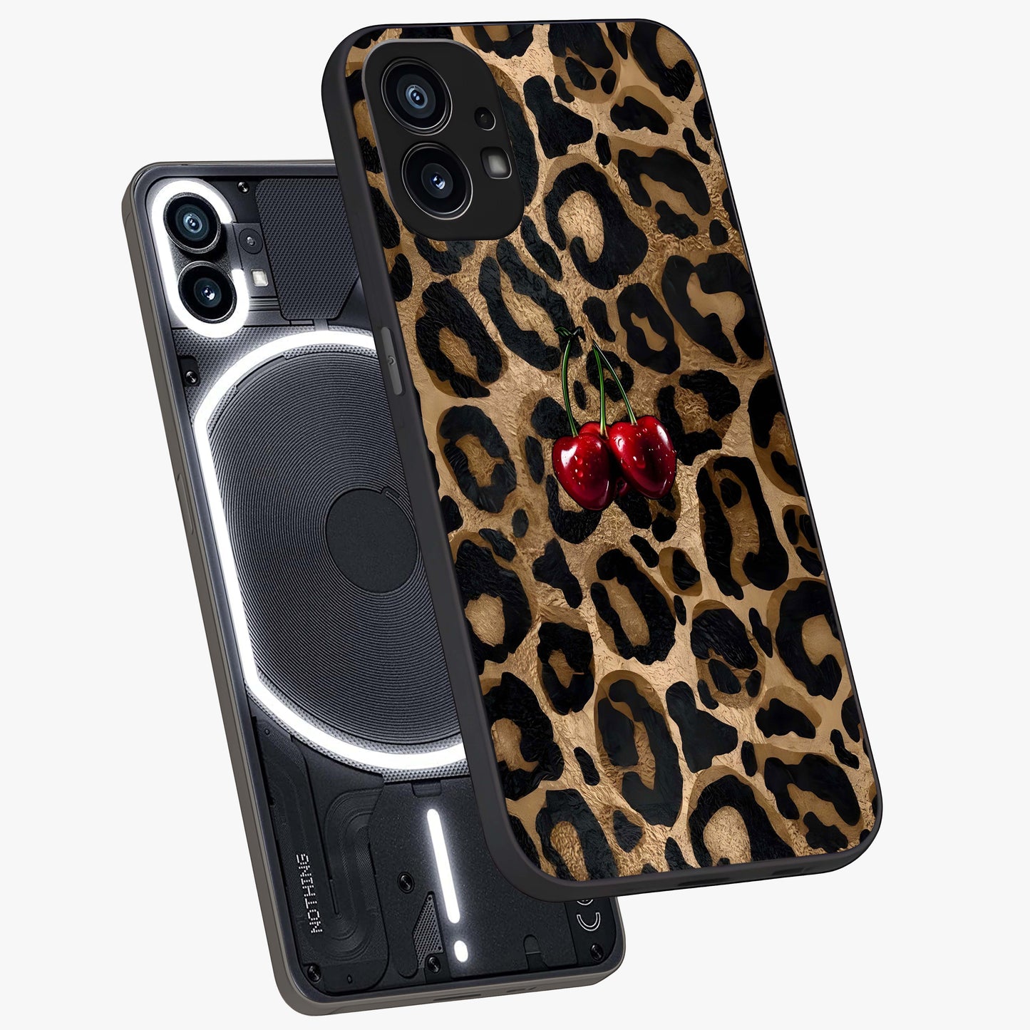 Leopard Wild Cherry Glass Case displayed in angled mockup highlighting bold animal print design with playful cherry aesthetic.