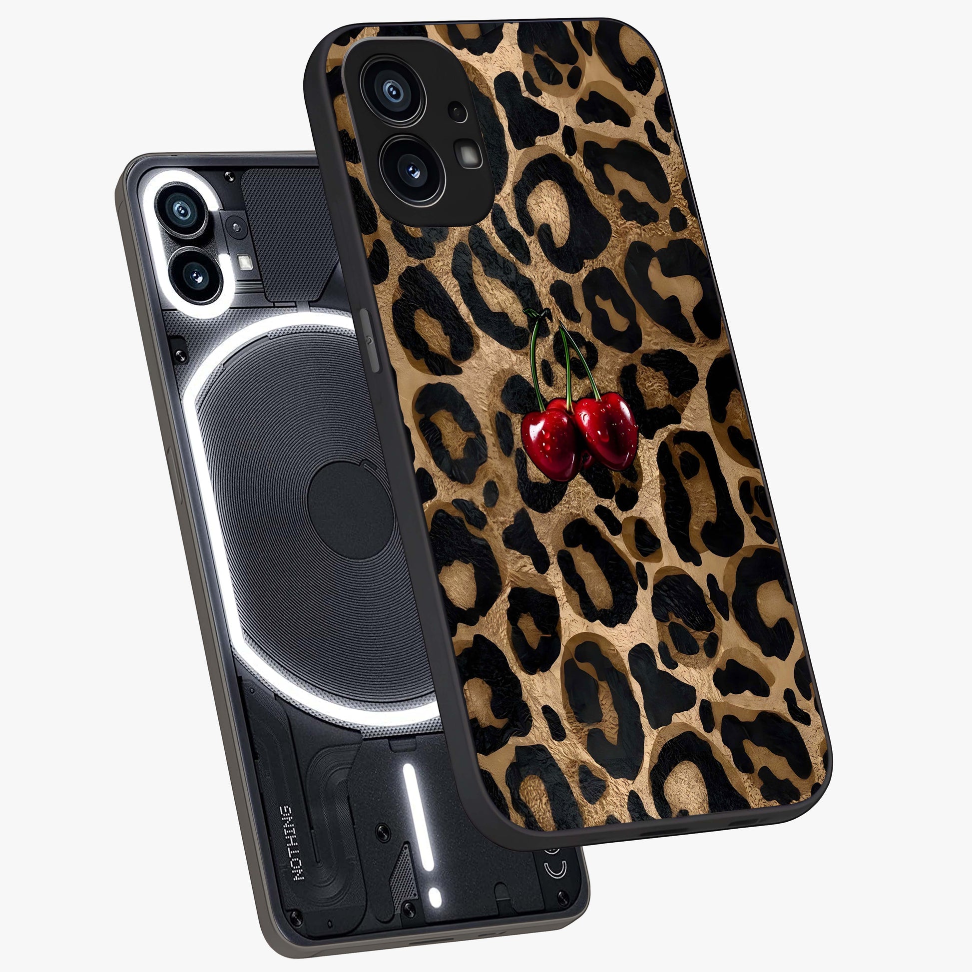 Leopard Wild Cherry Glass Case displayed in angled mockup highlighting bold animal print design with playful cherry aesthetic.