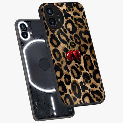 Leopard Wild Cherry Glass Case displayed in angled mockup highlighting bold animal print design with playful cherry aesthetic.