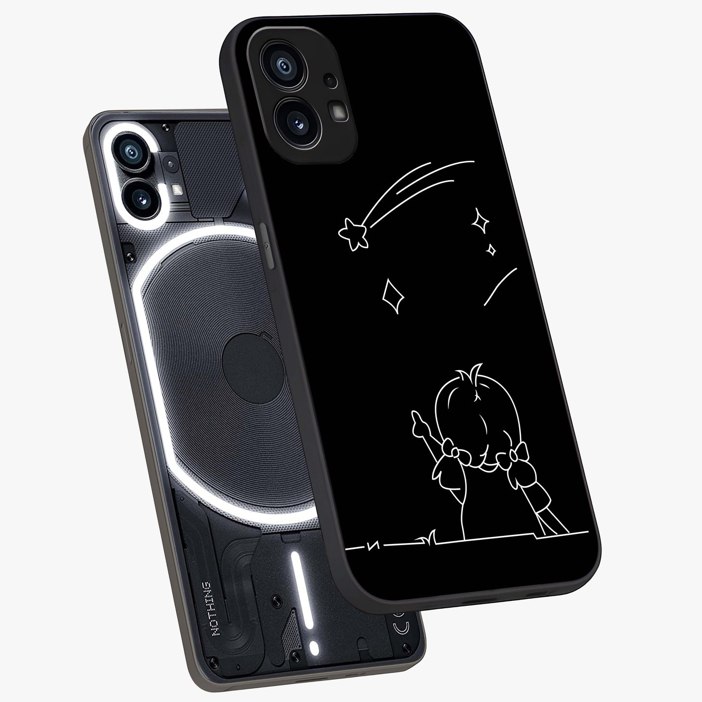 Line Art Girl With Shooting Stars Glass Case displayed in angled mockup highlighting elegant line art design with dreamy star aesthetic.