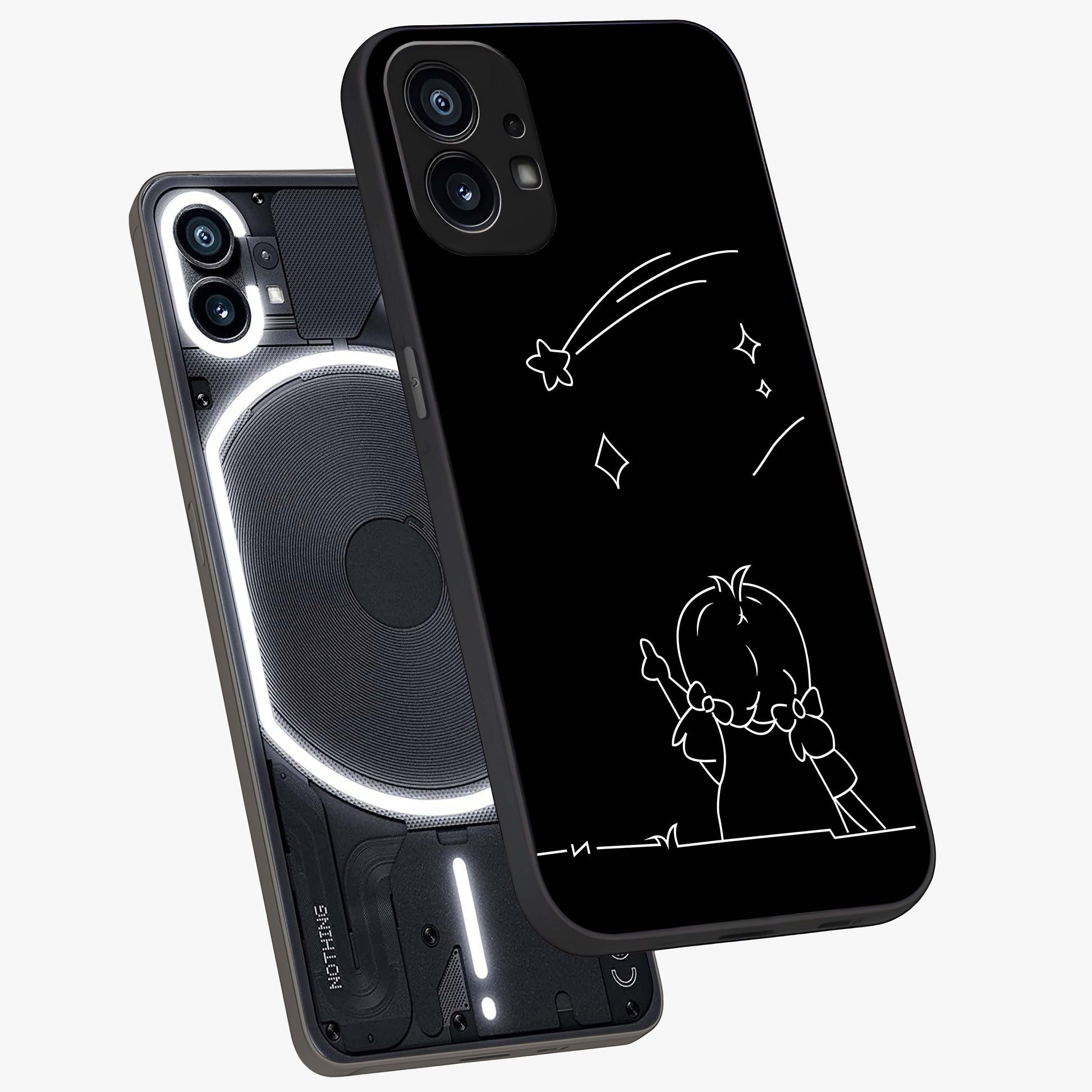 Line Art Girl With Shooting Stars Glass Case displayed in angled mockup highlighting elegant line art design with dreamy star aesthetic.