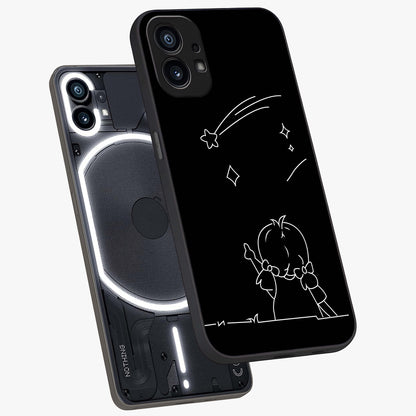 Line Art Girl With Shooting Stars Glass Case displayed in angled mockup highlighting elegant line art design with dreamy star aesthetic.
