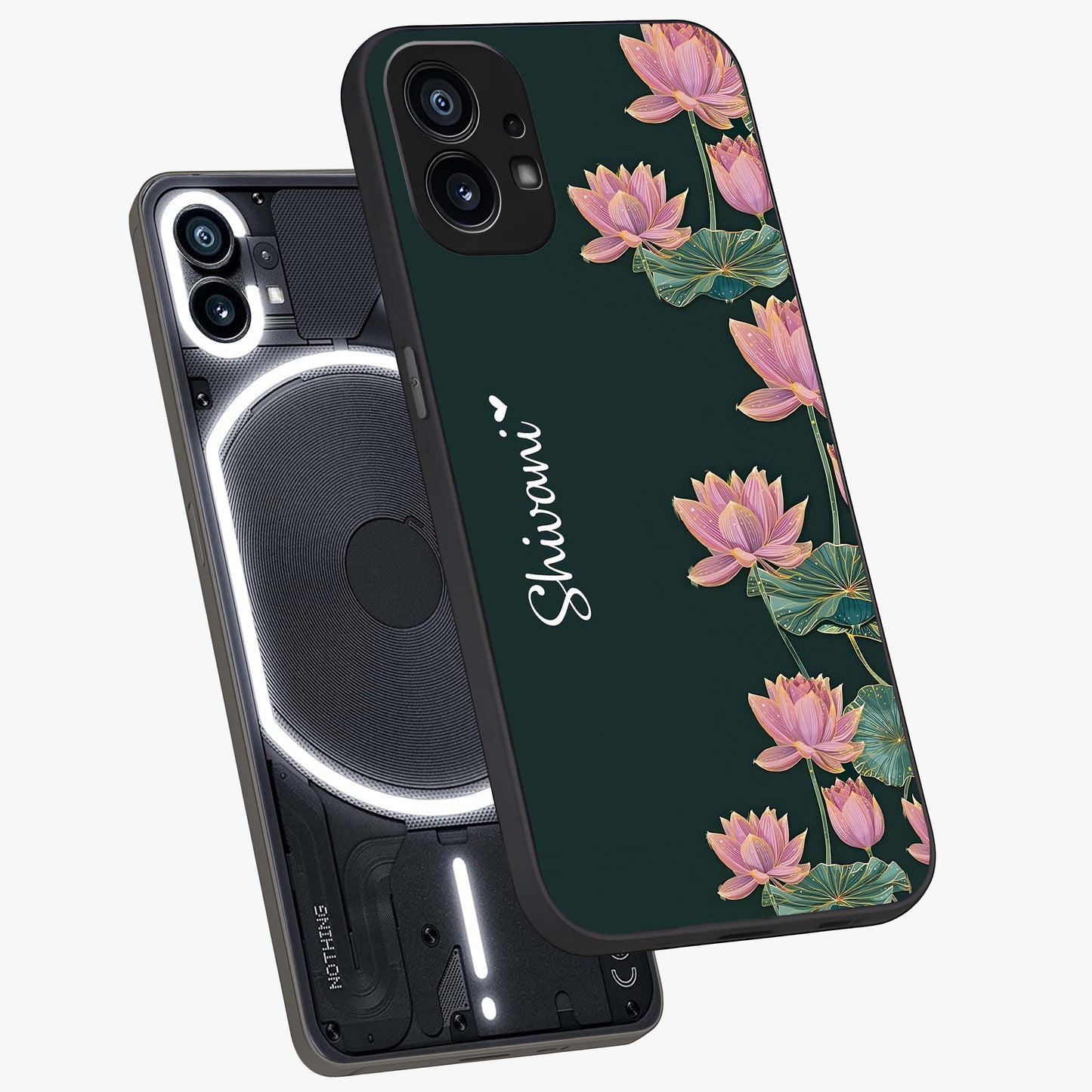 Lotus Bloom Serenity Custom Name Glass Case displayed in angled mockup highlighting graceful lotus illustration with custom name feature.