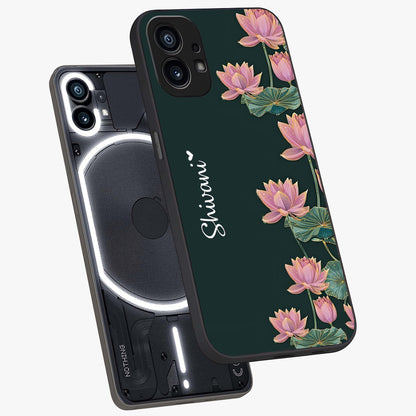 Lotus Bloom Serenity Custom Name Glass Case displayed in angled mockup highlighting graceful lotus illustration with custom name feature.