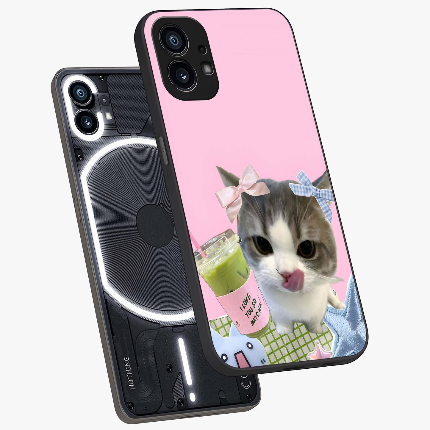 Love Matcha Cat Glass Case displayed in angled mockup highlighting playful feline illustration with cozy matcha aesthetic.