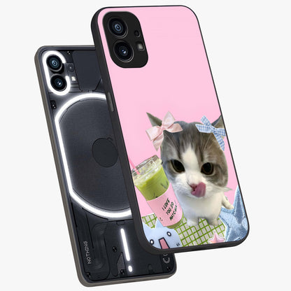 Love Matcha Cat Glass Case displayed in angled mockup highlighting playful feline illustration with cozy matcha aesthetic.