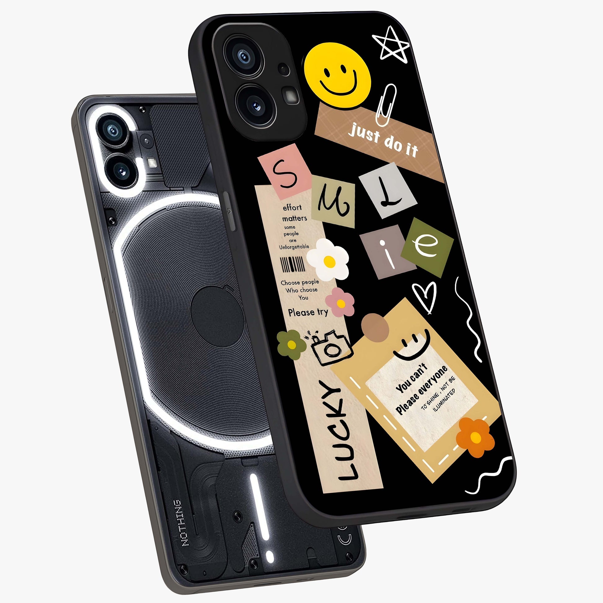 Lucky Aesthetic Collage Glass Case displayed in angled mockup highlighting stylish collage pattern with modern aesthetic vibe.