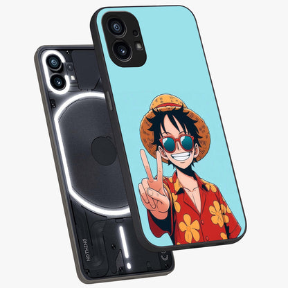 Luffy Summer Anime Vibe Glass Case displayed in angled mockup highlighting energetic anime illustration with summer vibe aesthetic.