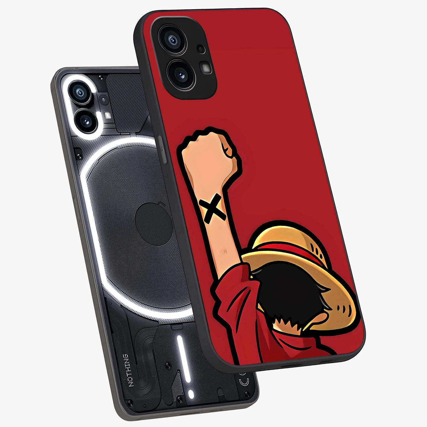 Luffy X Spirit Glass Case displayed in angled mockup highlighting powerful anime design with energetic action aesthetic.