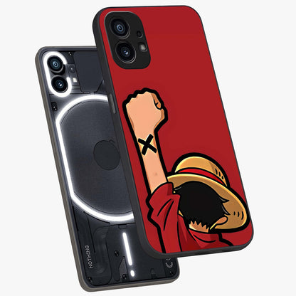 Luffy X Spirit Glass Case displayed in angled mockup highlighting powerful anime design with energetic action aesthetic.