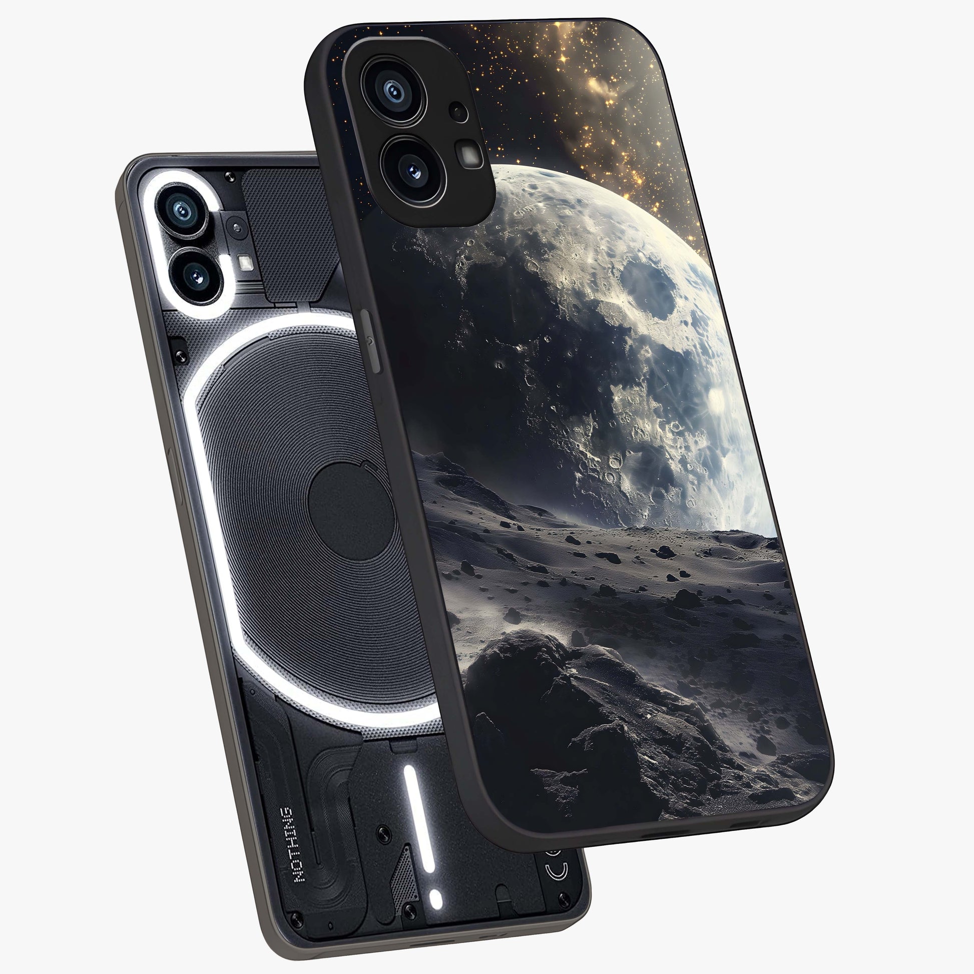 Lunar Horizon Glow Glass Case displayed in angled mockup highlighting celestial moon design with dreamy night aesthetic.