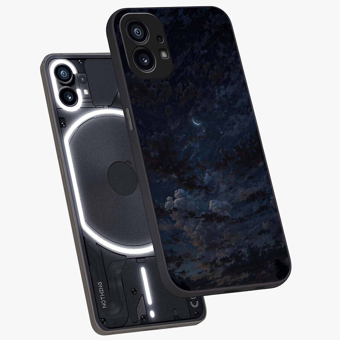 Lunar Veil Silence Glass Case displayed in angled mockup highlighting soft lunar design with peaceful celestial aesthetic.