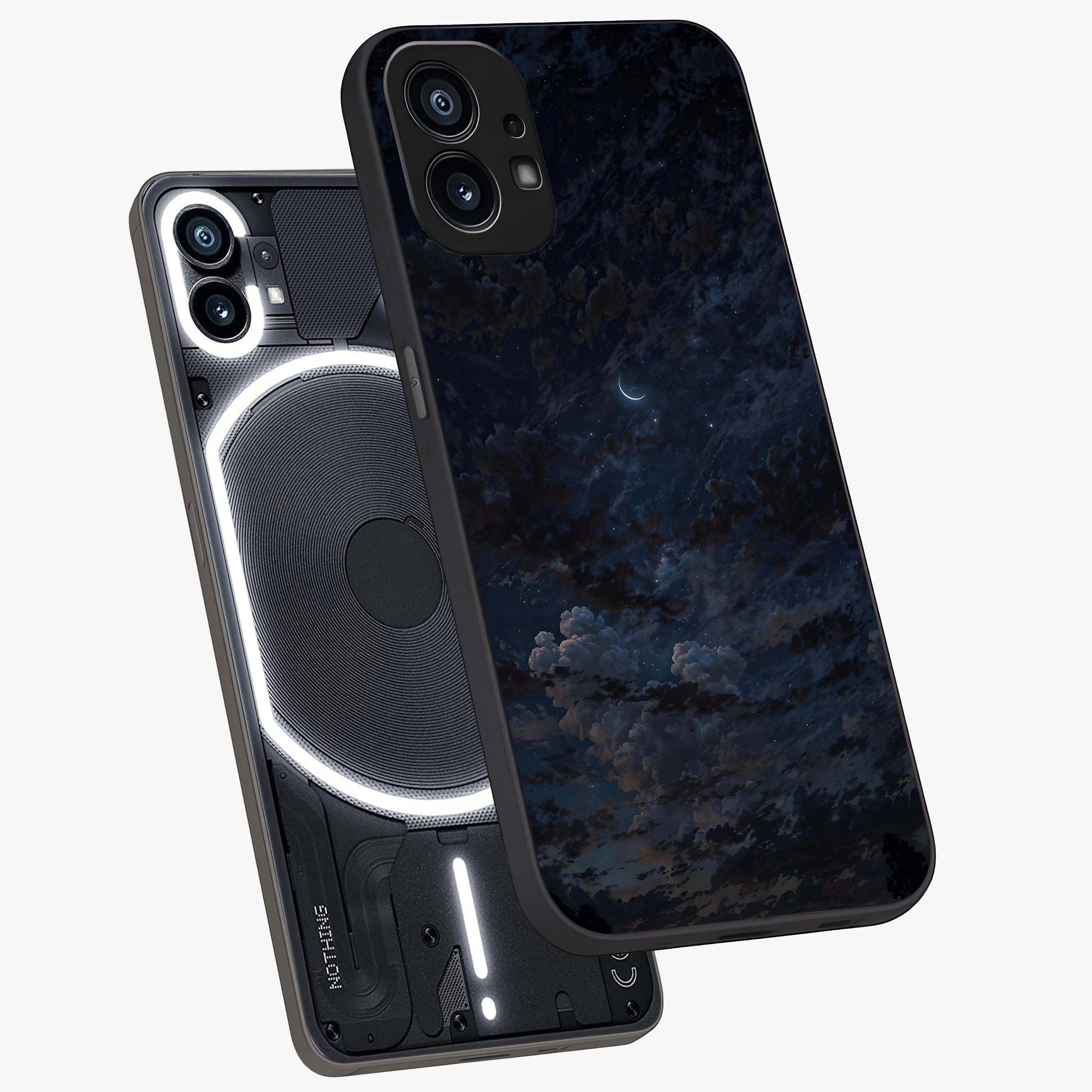 Lunar Veil Silence Glass Case displayed in angled mockup highlighting soft lunar design with peaceful celestial aesthetic.