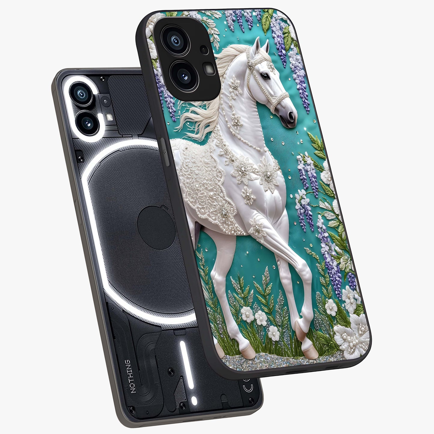 Majestic Floral Stallion Glass Case displayed in angled mockup highlighting majestic stallion illustration with elegant floral aesthetic.