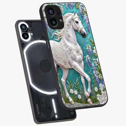 Majestic Floral Stallion Glass Case displayed in angled mockup highlighting majestic stallion illustration with elegant floral aesthetic.