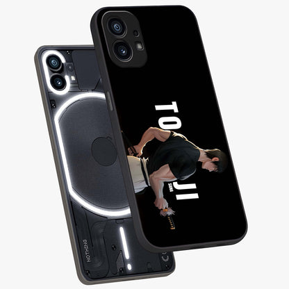 Midnight Blade Resolve Glass Case displayed in angled mockup highlighting powerful blade illustration with dramatic dark aesthetic.