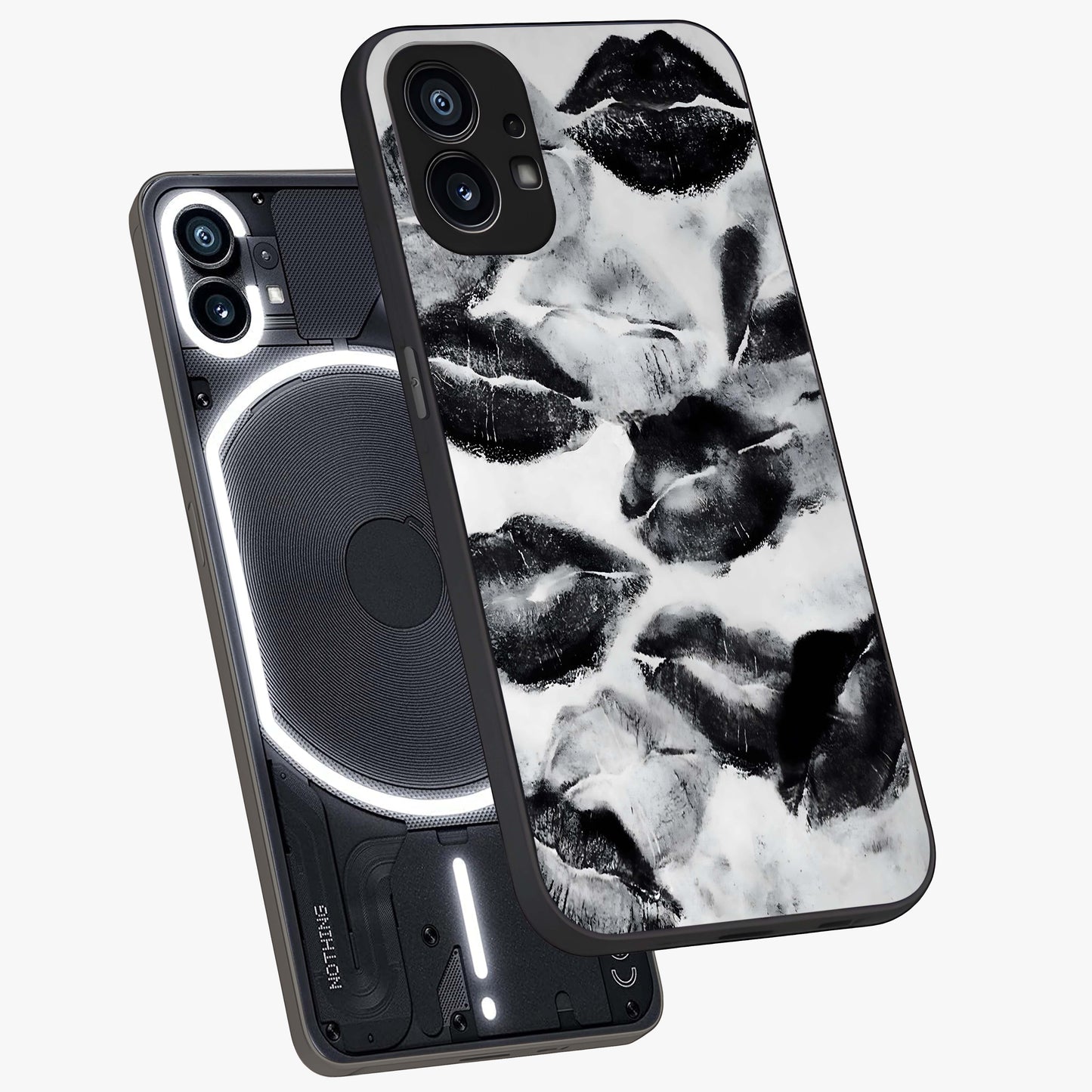 Midnight Kiss Marks Glass Case displayed in angled mockup highlighting playful romantic design with bold midnight aesthetic.