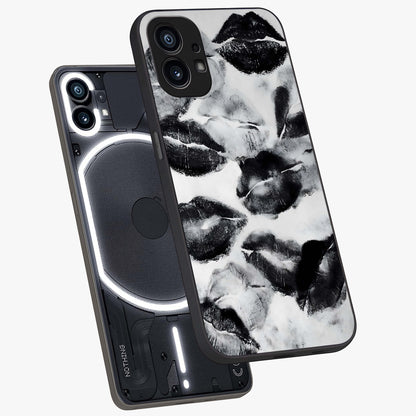 Midnight Kiss Marks Glass Case displayed in angled mockup highlighting playful romantic design with bold midnight aesthetic.