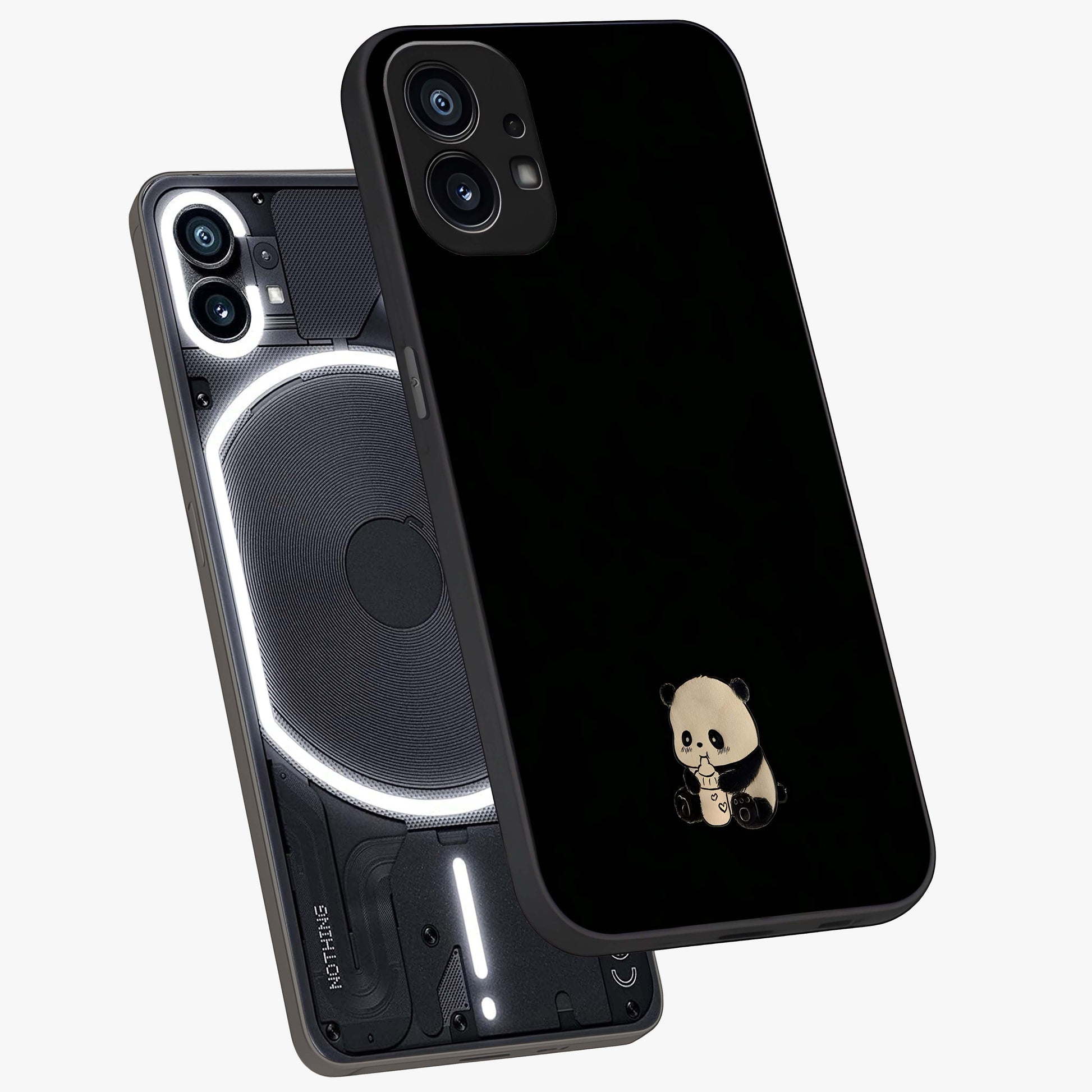 Midnight Panda Love Glass Case displayed in angled mockup highlighting adorable panda illustration with midnight aesthetic.