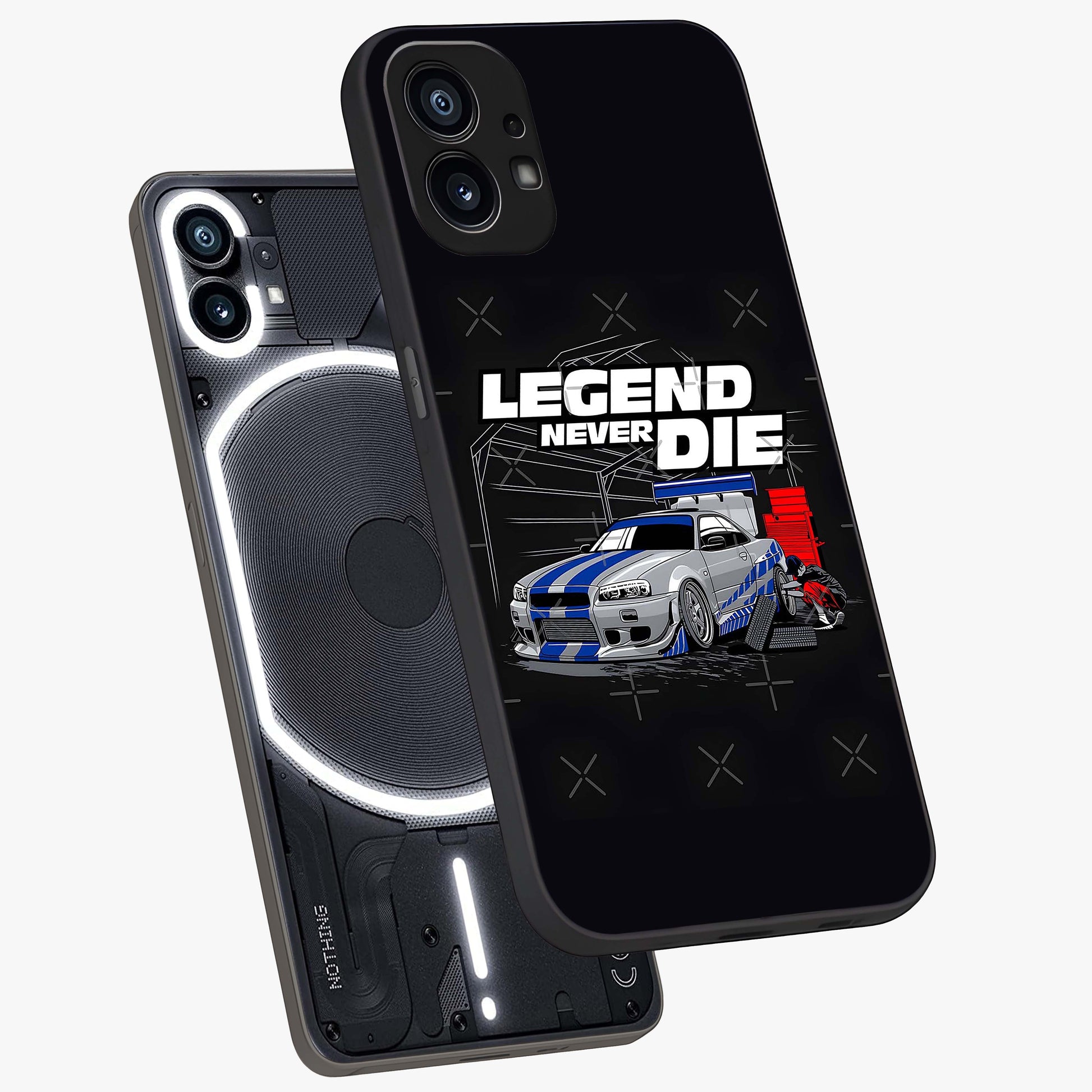 Midnight Racing Legacy Glass Case displayed in angled mockup highlighting dynamic automotive design with bold midnight aesthetic.