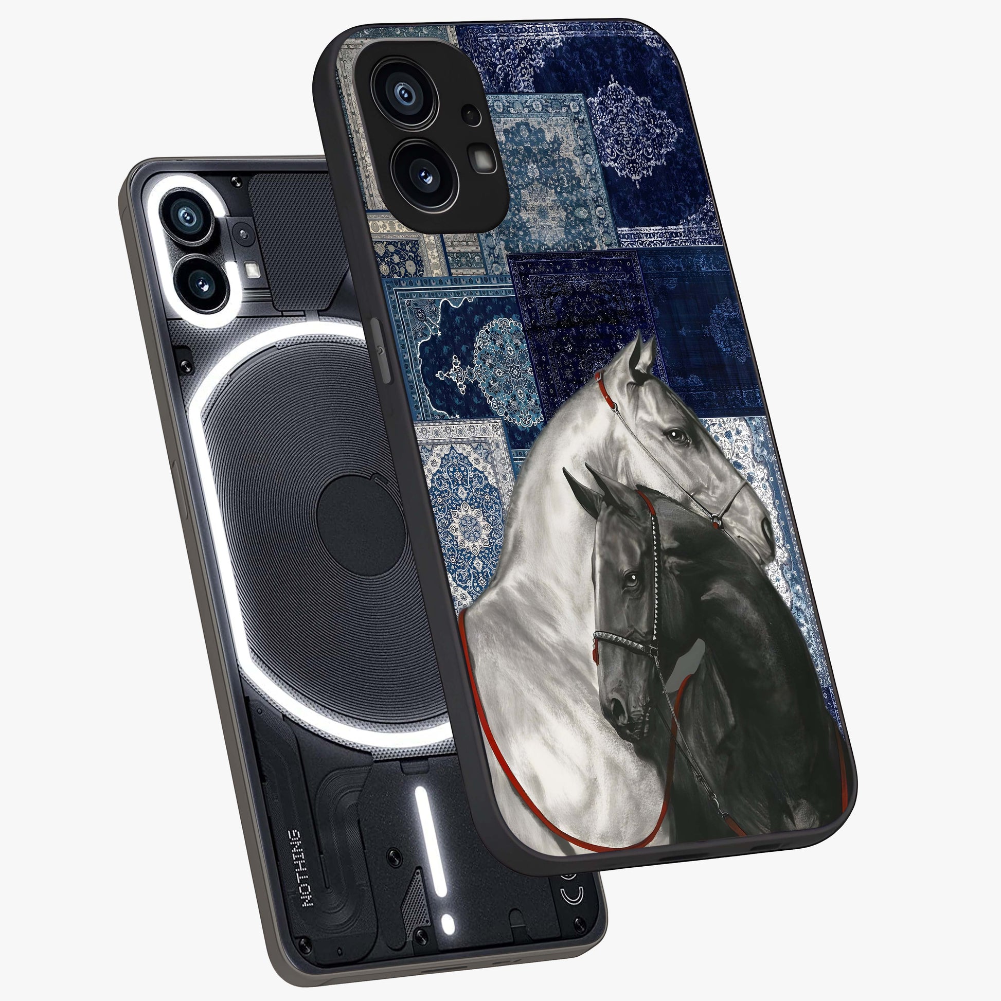 Midnight Stallion Blues Glass Case displayed in angled mockup highlighting powerful stallion illustration with deep midnight tones.