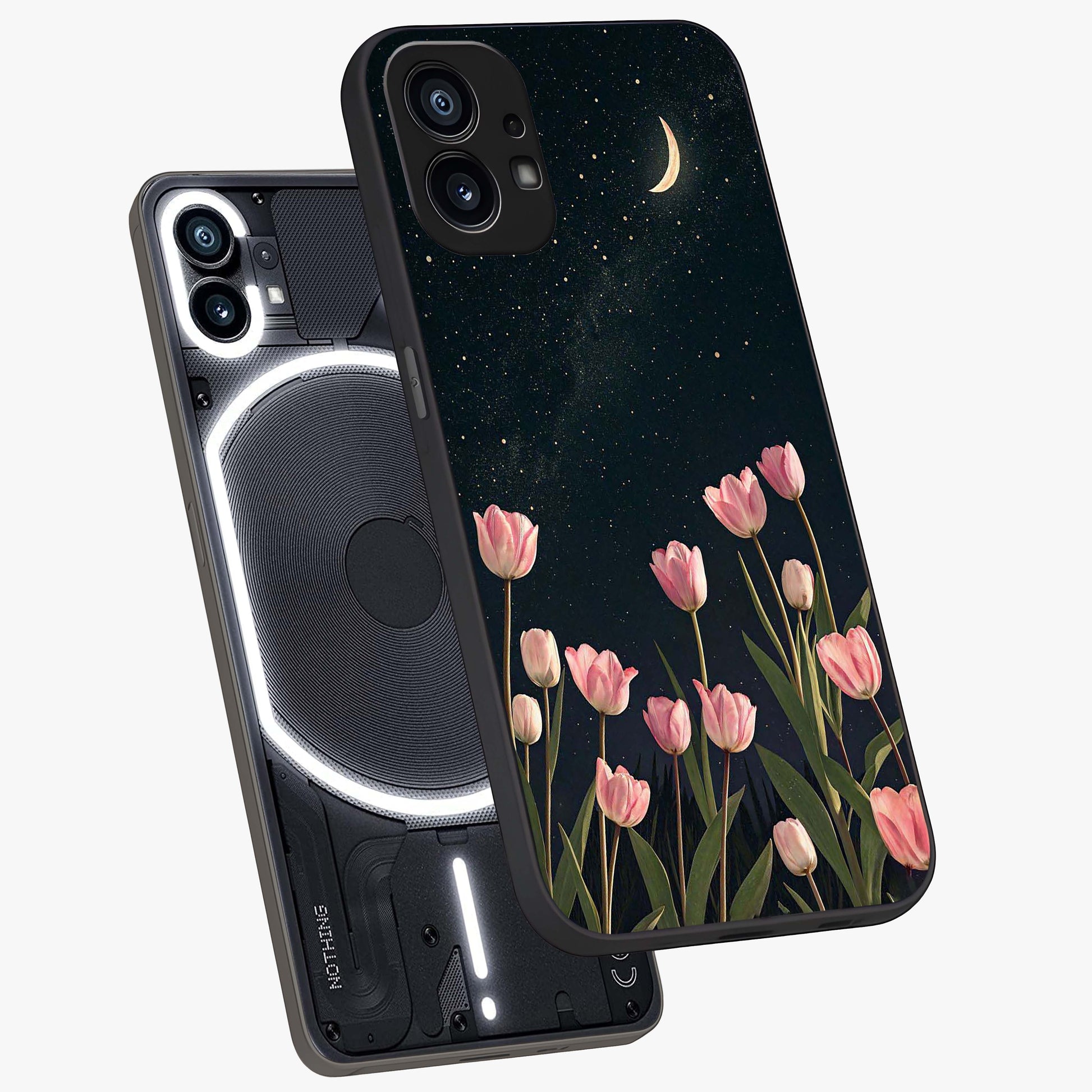 Midnight Tulip Whispers Vibe Glass Case displayed in angled mockup highlighting delicate tulip design with midnight floral aesthetic.