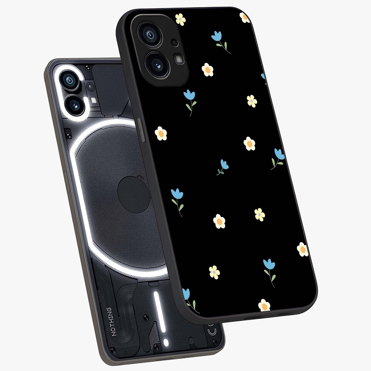 Minimal Petal Whispers Glass Case displayed in angled mockup highlighting delicate petal design with clean minimal aesthetic.