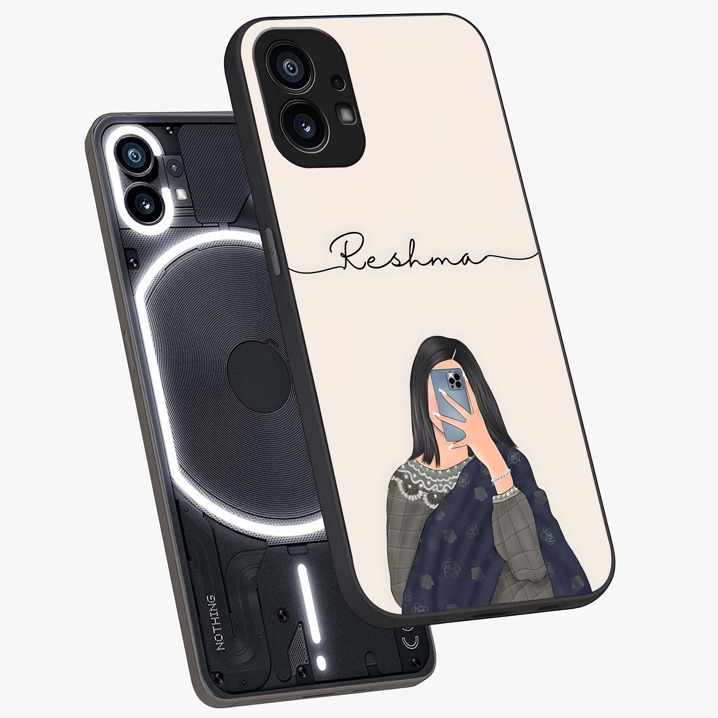 Mirror Mood Muse With Custom Name Glass Case displayed in angled mockup highlighting aesthetic mirror inspired design with custom name feature.
