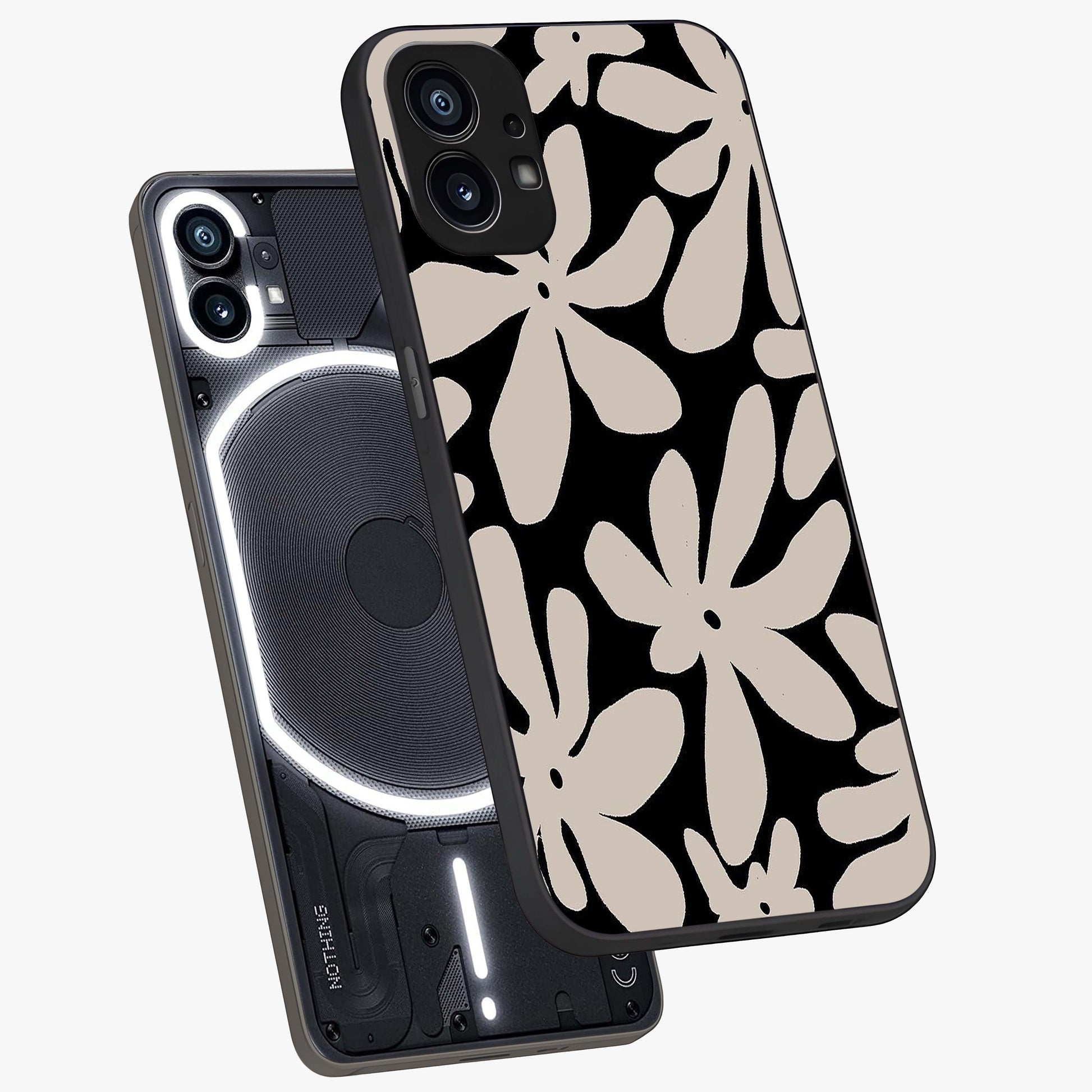 Monochrome Petal Dance Glass Case displayed in angled mockup highlighting elegant petal design with black and white aesthetic.