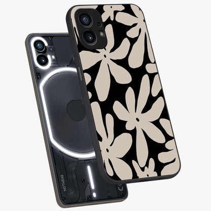 Monochrome Petal Dance Glass Case displayed in angled mockup highlighting elegant petal design with black and white aesthetic.
