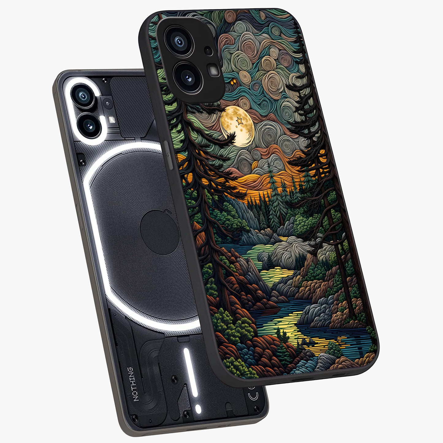 Moonlight Forest Dream Glass Case displayed in angled mockup highlighting dreamy forest design with glowing moon aesthetic.