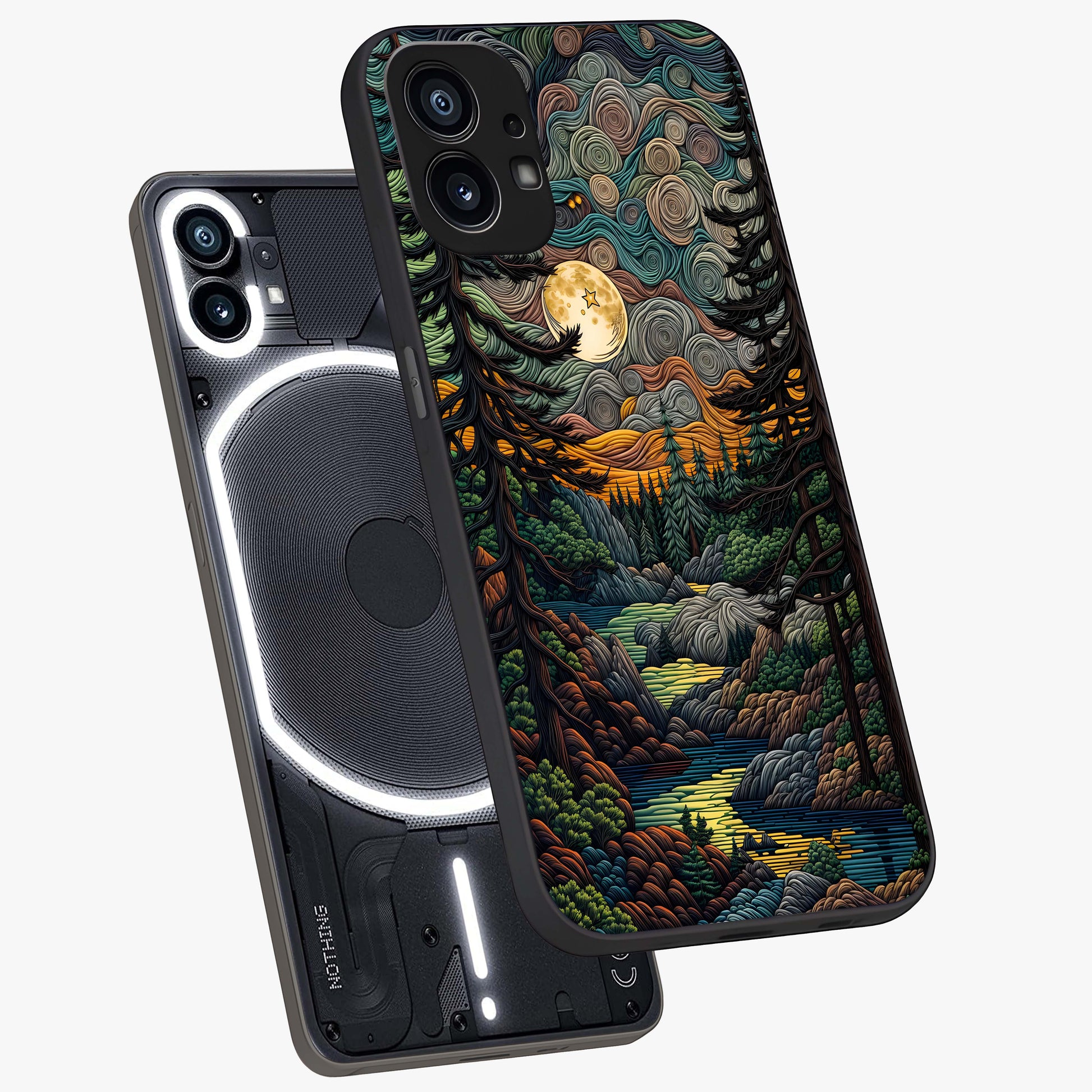 Moonlight Forest Dream Glass Case displayed in angled mockup highlighting dreamy forest design with glowing moon aesthetic.