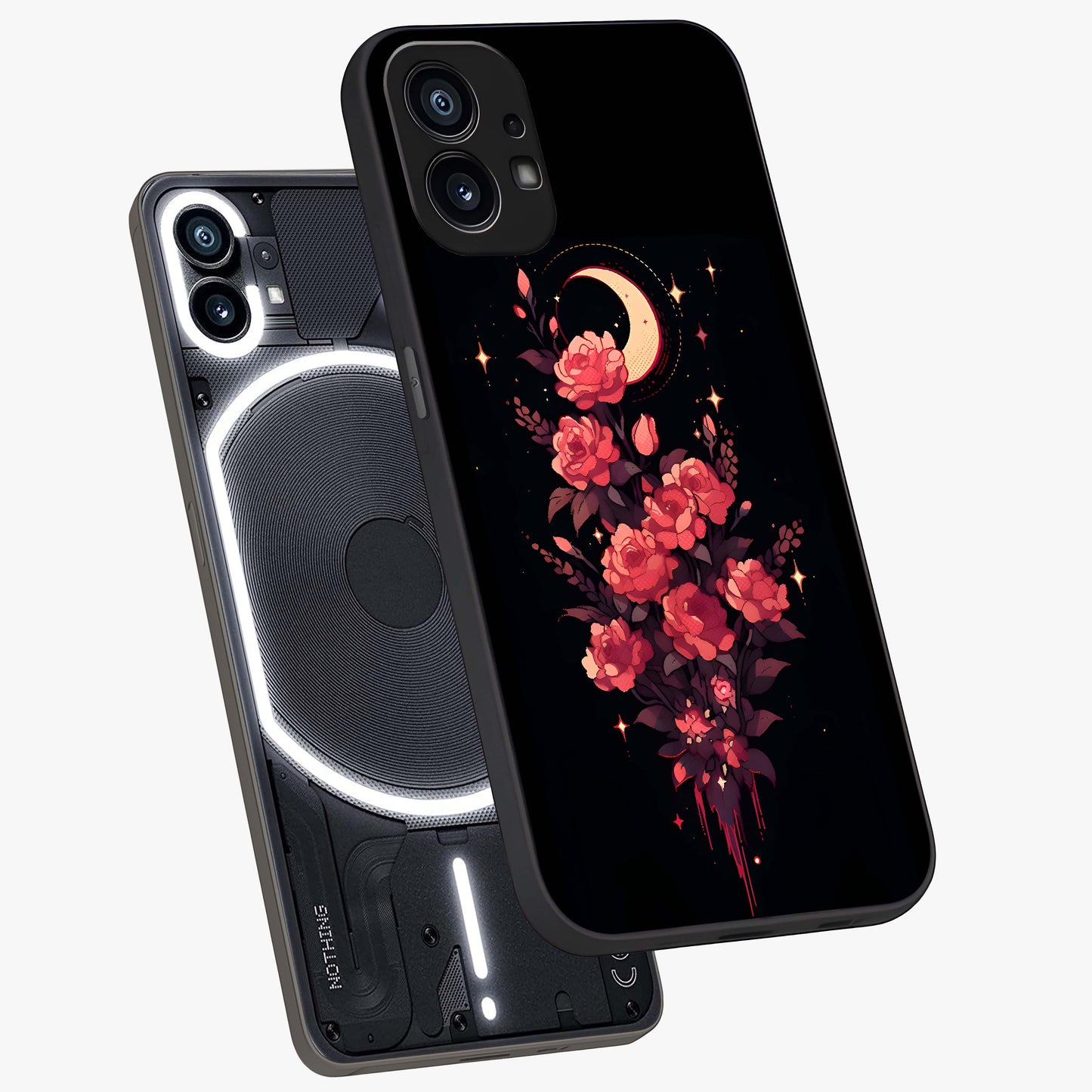 Moonlit Floral Elegance Glass Case displayed in angled mockup highlighting graceful flower design with soft moonlight aesthetic.