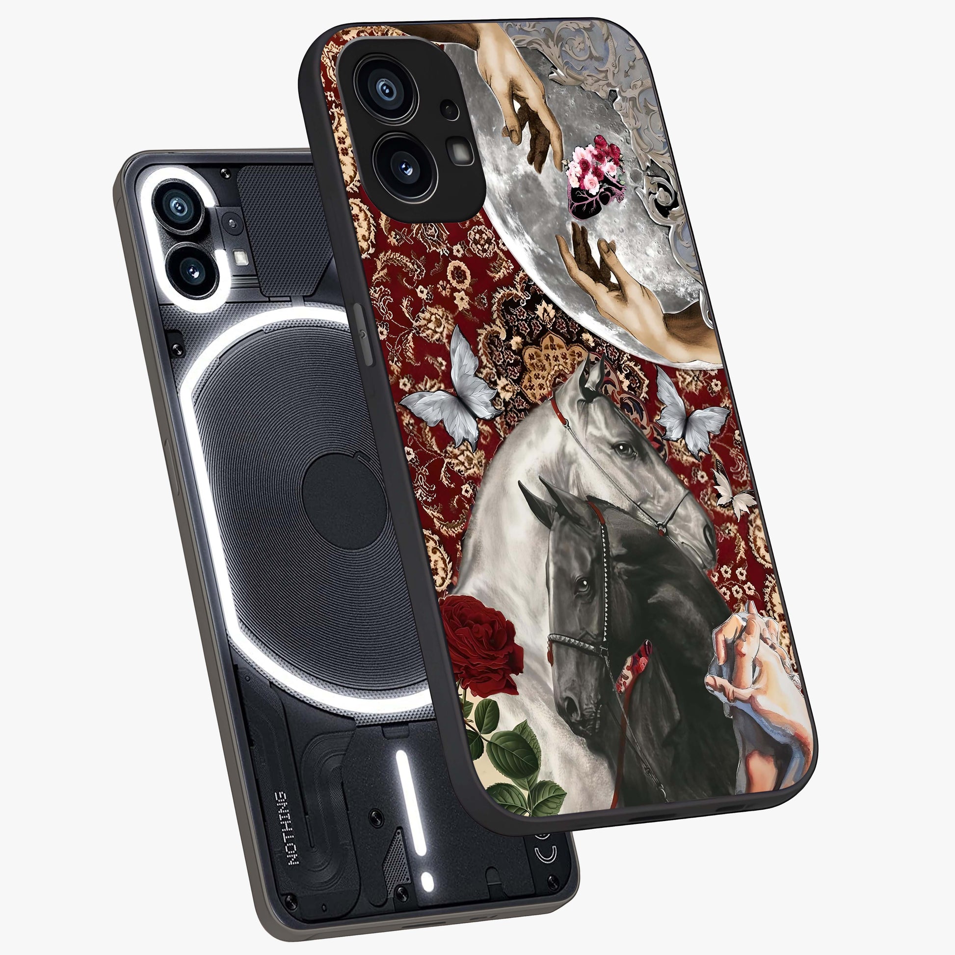 Moonlit Royal Stallion Glass Case displayed in angled mockup highlighting powerful stallion illustration with royal night aesthetic.