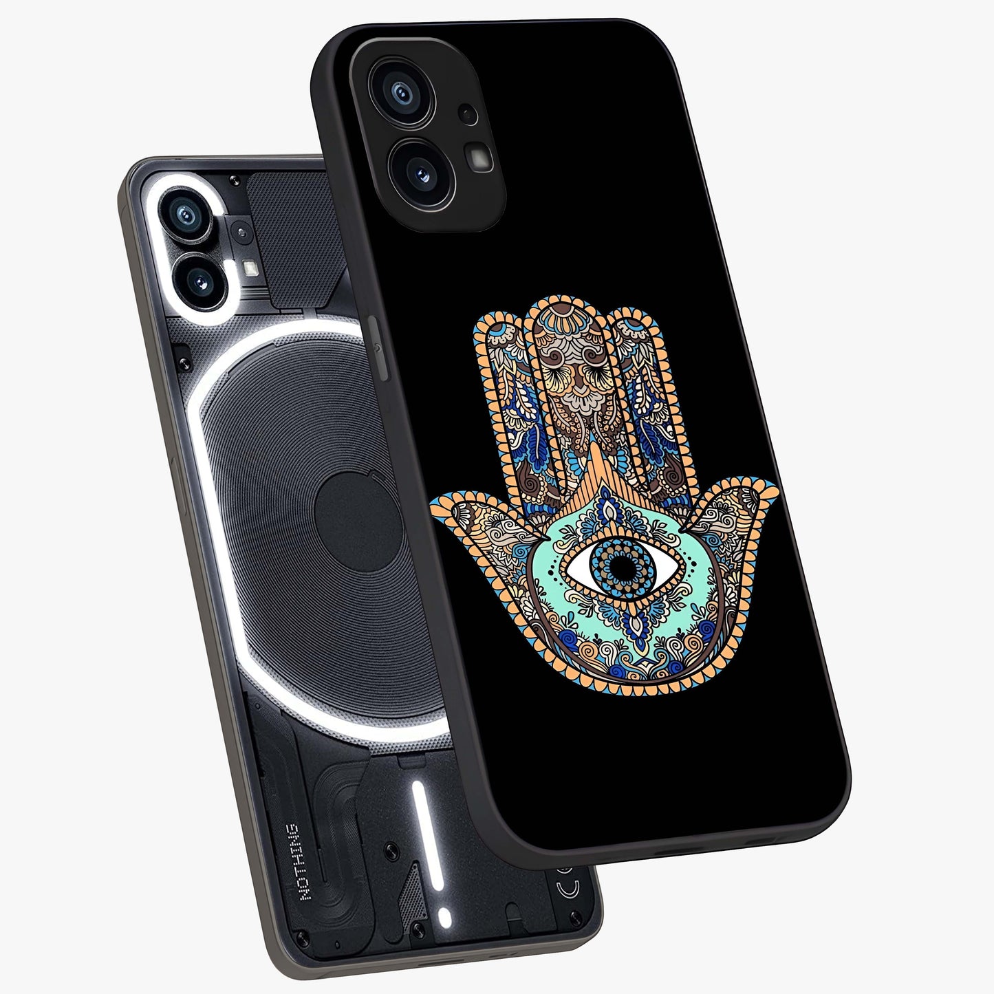 Mystic Hamsa Eye Glass Case displayed in angled mockup highlighting spiritual hamsa symbol with mystical aesthetic style.