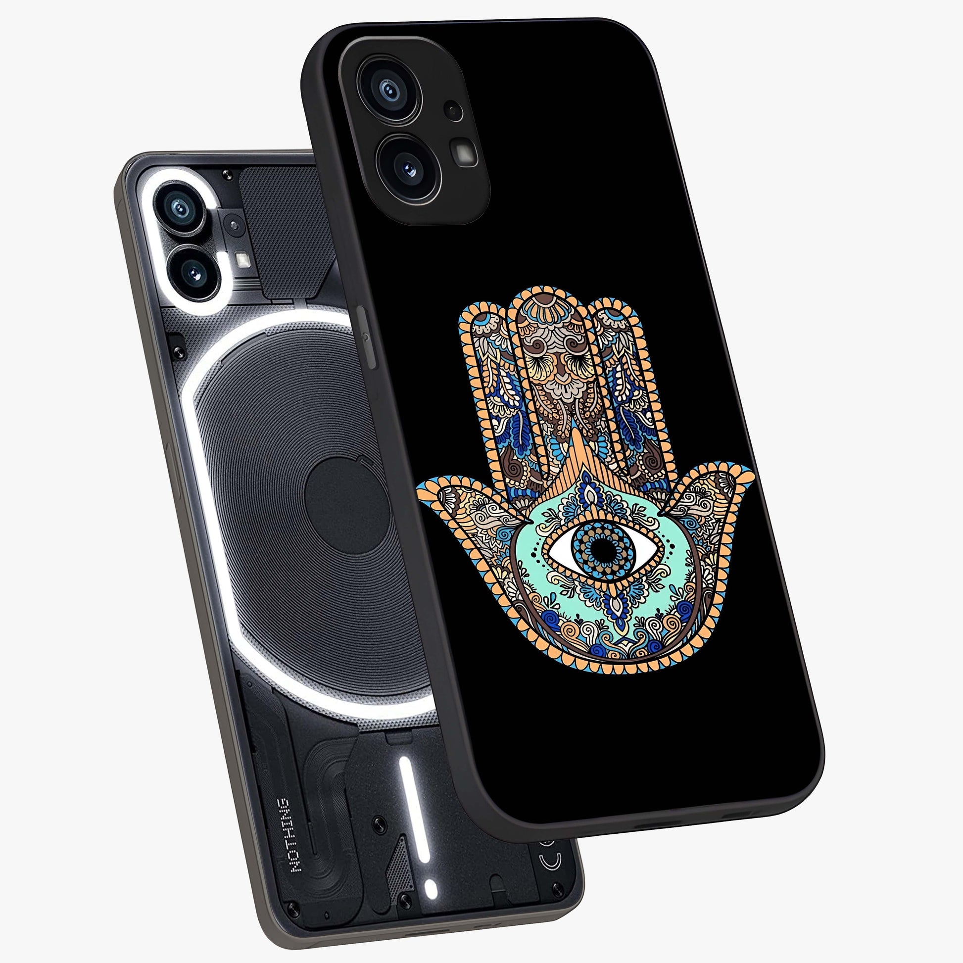 Mystic Hamsa Eye Glass Case displayed in angled mockup highlighting spiritual hamsa symbol with mystical aesthetic style.