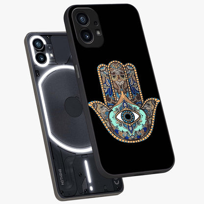 Mystic Hamsa Eye Glass Case displayed in angled mockup highlighting spiritual hamsa symbol with mystical aesthetic style.