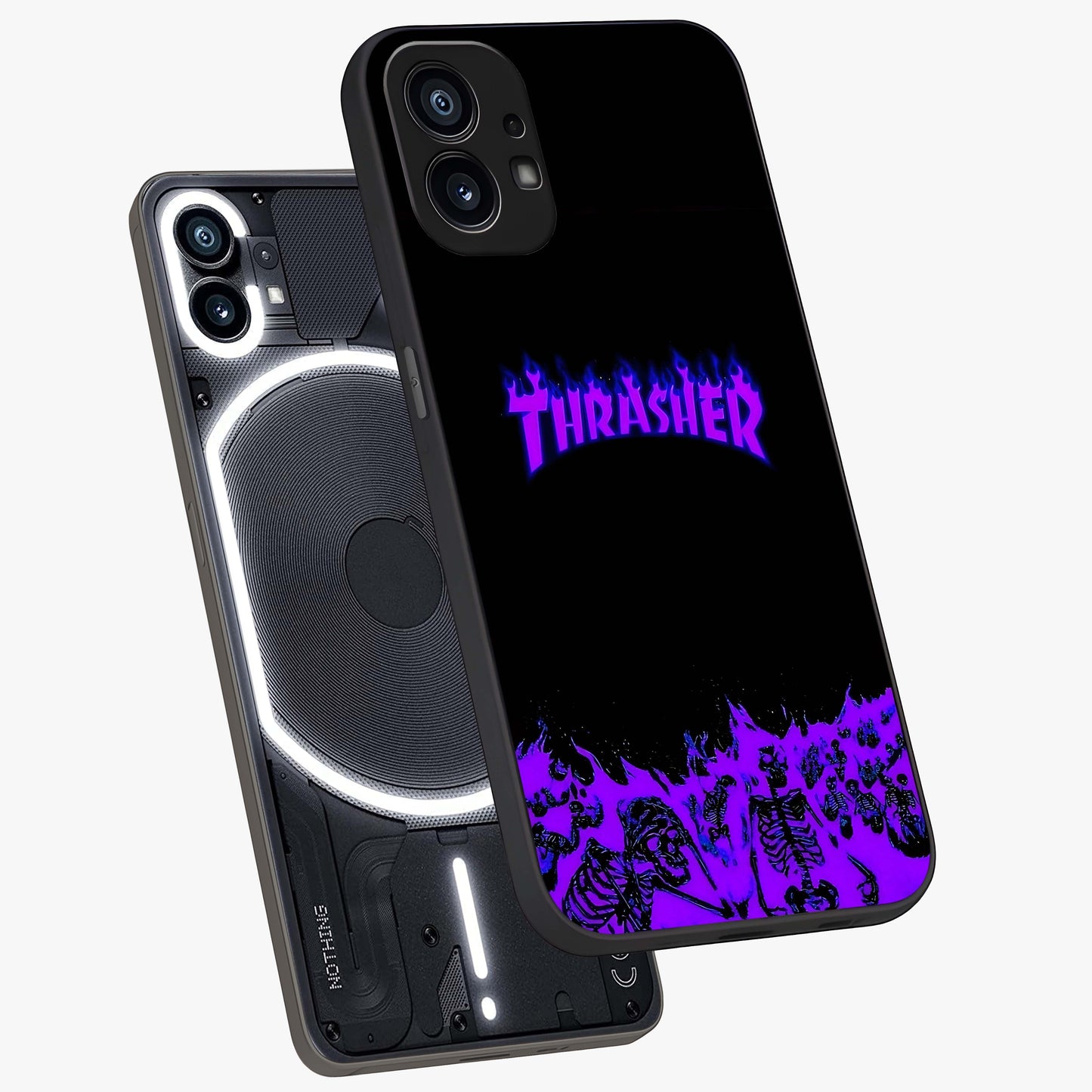 Neon Flame Riot Glass Case displayed in angled mockup highlighting glowing flame design with vibrant neon aesthetic.