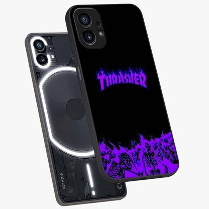 Neon Flame Riot Glass Case displayed in angled mockup highlighting glowing flame design with vibrant neon aesthetic.