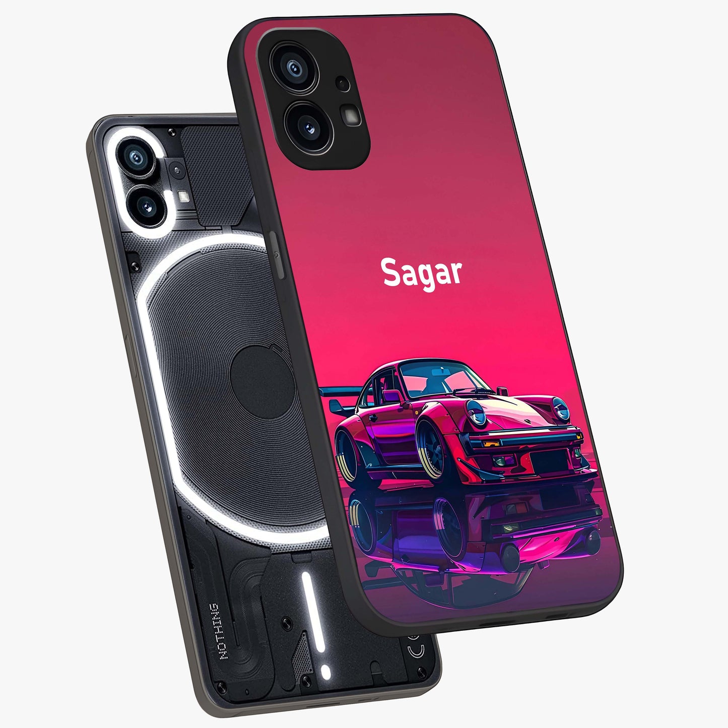 Neon Pink Porsche Glass Case displayed in angled mockup highlighting sleek neon pink car design with racing aesthetic.